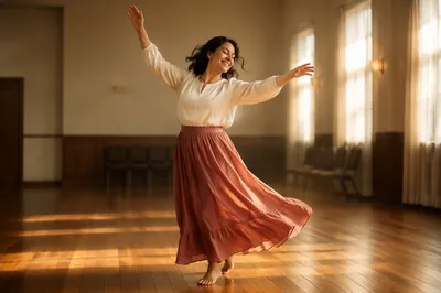 Joyful Woman Dancing in Sunlit Hall