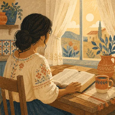 Hispanic Woman Reading Bible in Morning Light
