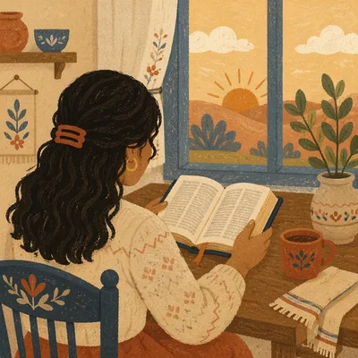 Hispanic Woman Reading Bible in Morning Light