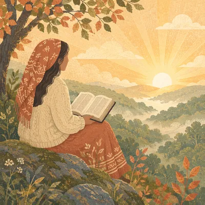 Hispanic Woman Reading Bible at Sunrise