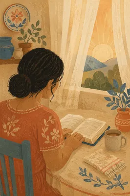 Hispanic Woman Reading Bible in Morning Light