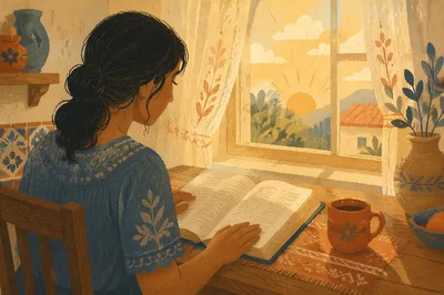 Hispanic Woman Reading Bible at Sunrise