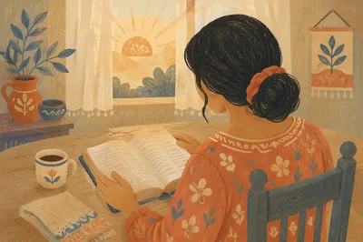 Hispanic Woman Reading Bible in Morning Light