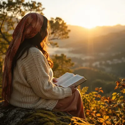 Hispanic Woman Reading Bible at Sunrise