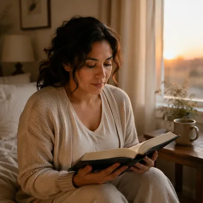 Hispanic Woman Reading Bible in Morning Light