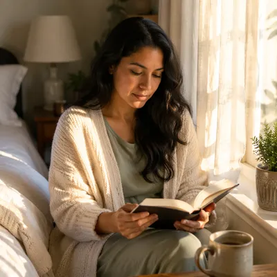 Hispanic Woman Reading Bible by Window