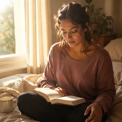 Hispanic Woman Reading Bible by Window