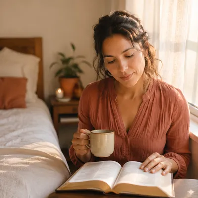 Woman Reading by Sunlit Bedroom Window