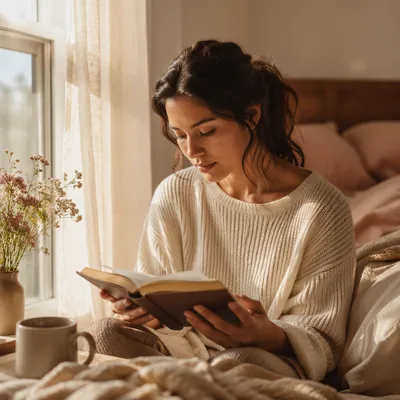 Hispanic Woman Reading by Morning Window