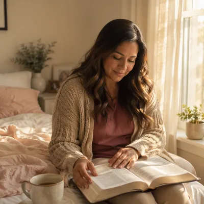 Woman Reading Bible by Sunny Window