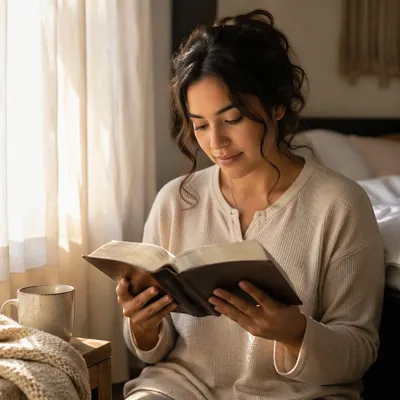Hispanic Woman Reading by Morning Window