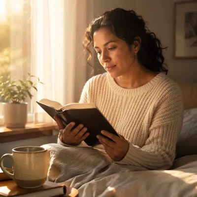 Woman Reading by Sunlit Bedroom Window