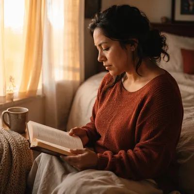 Woman Reading by Sunlit Bedroom Window