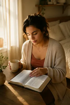 Woman Reading by Sunlit Bedroom Window