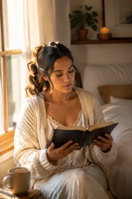 Hispanic Woman Reading by Morning Window