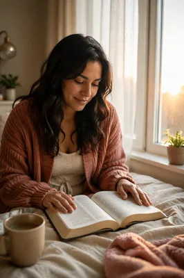 Hispanic Woman Reading Bible by Window