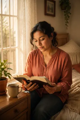 Hispanic Woman Reading Bible by Window