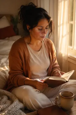 Woman Reading by Sunlit Bedroom Window
