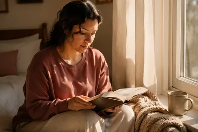 Hispanic Woman Reading by Morning Window