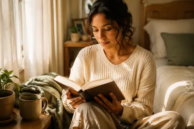 Woman Reading by Sunlit Bedroom Window