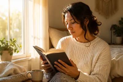 Woman Reading by Sunlit Bedroom Window