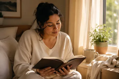 Hispanic Woman Reading Bible by Window