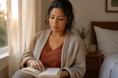 Woman Reading Book by Sunlit Window