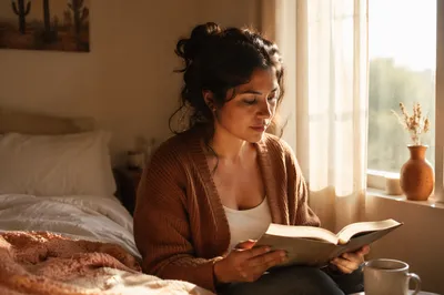 Woman Reading by Sunlit Bedroom Window