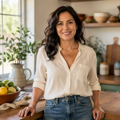 Smiling Hispanic Woman in Bright Kitchen