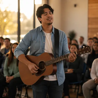 Young Man Singing with Acoustic Guitar