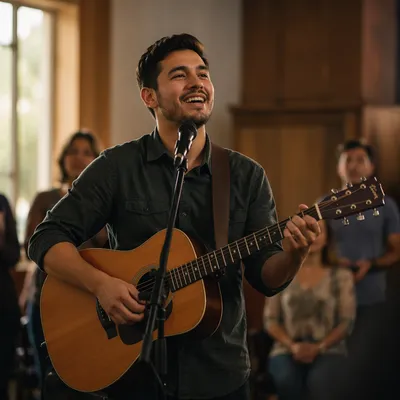 Young Man Singing with Acoustic Guitar