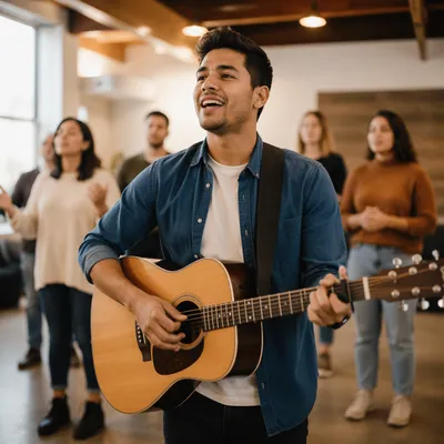 Young Man Singing with Acoustic Guitar