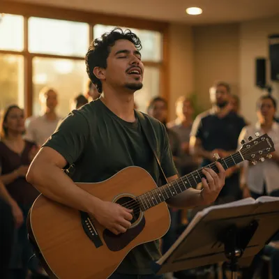 Young Man Singing with Acoustic Guitar