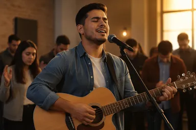 Young Man Singing With Acoustic Guitar
