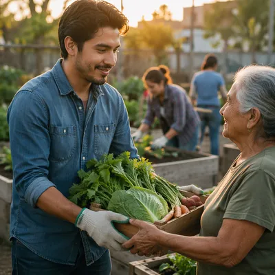 Young Man Sharing Vegetables in Community Garden