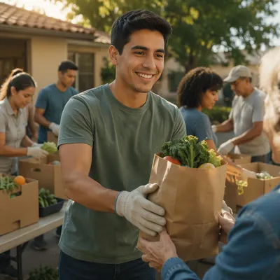 Young Man Volunteering at Food Table