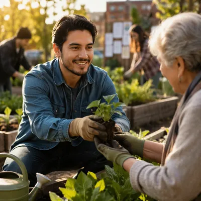Young Man Volunteering in Community Garden