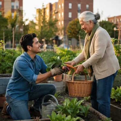 Young Man Helping in Community Garden