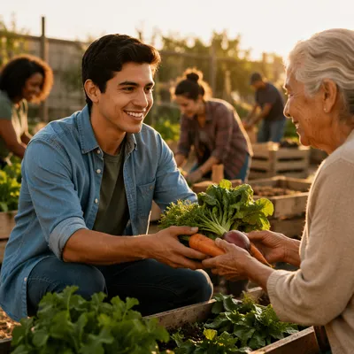Young Man Sharing Vegetables in Community Garden
