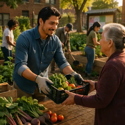 Young Volunteer Sharing Vegetables in Community Garden