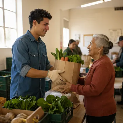 Young Volunteer Giving Groceries to Elderly Woman