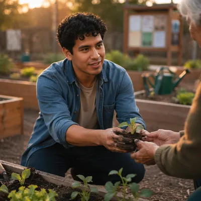 Young Man Volunteering in Community Garden