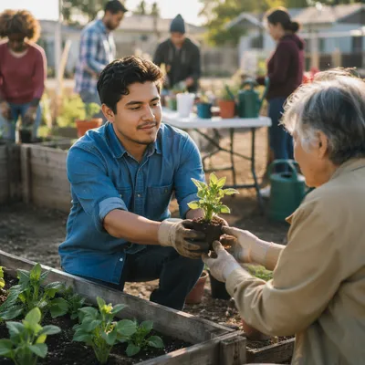 Young Man Volunteering in Community Garden
