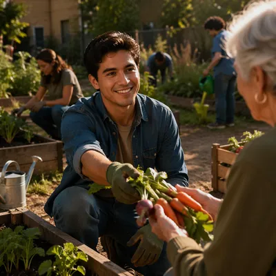 Young Man Volunteering in Community Garden