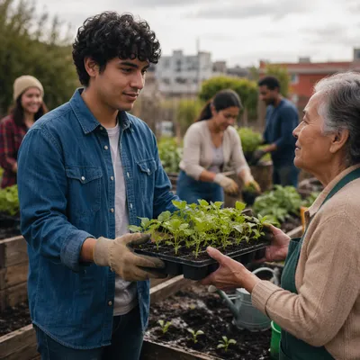 Young Volunteer Sharing Seedlings in Community Garden