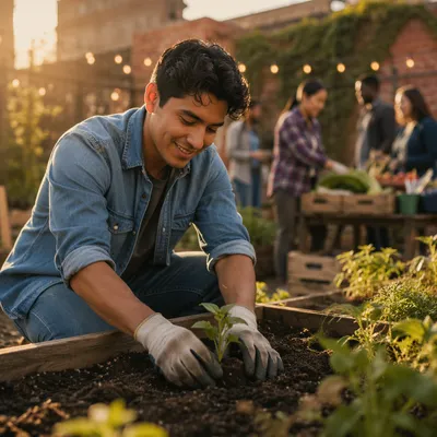 Young Man Planting Seedlings in Garden