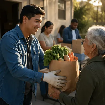 Young Volunteer Giving Groceries Outdoors