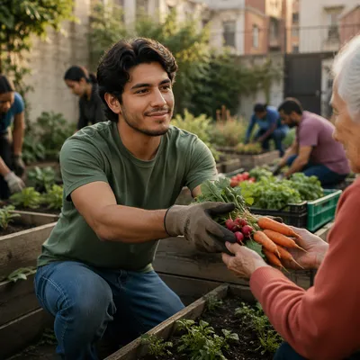 Young Man Volunteering in Community Garden