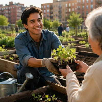 Young Man Gardening in Community Garden