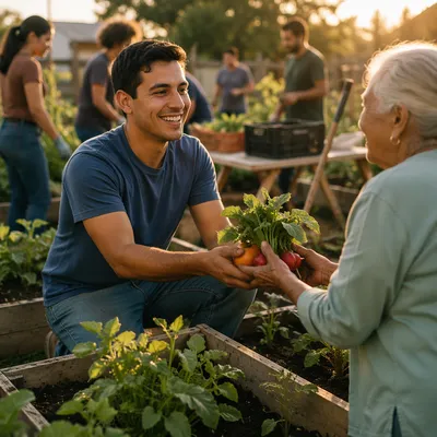 Young Man Sharing Vegetables in Community Garden